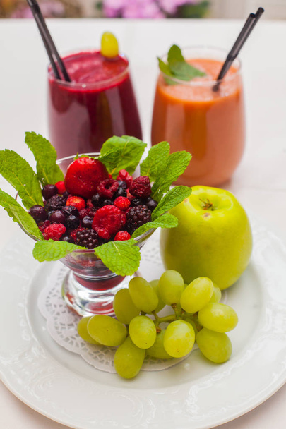 Healthy red smoothies and ingredients - superfoods, detox, diet, health, vegetarian food concept. - Valokuva, kuva