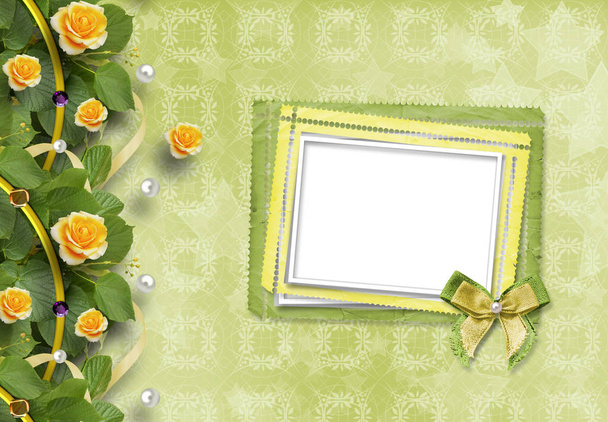 Beautiful greeting card with yellow roses and paper frame - Fotoğraf, Görsel