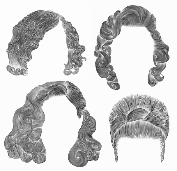 女性の毛を設定します。黒の鉛筆ドローイング ・ デッサン。レトロな hairstyle.babette カーリー波 - ベクター画像
