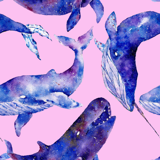 Seamless pattern with whales. Watercolor illustration. - Fotoğraf, Görsel