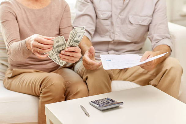 senior couple with money and calculator at home - Fotó, kép