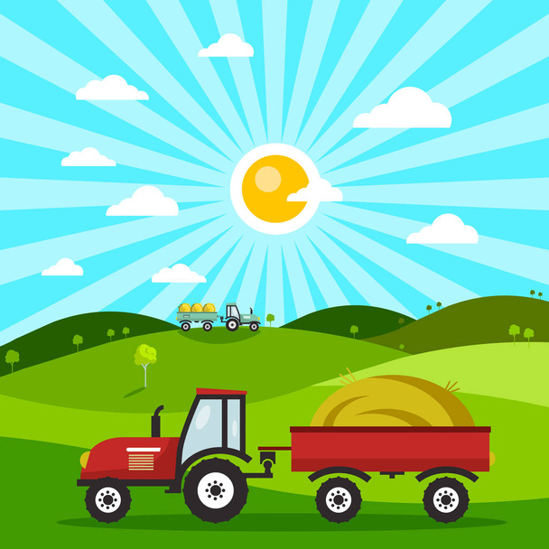 Field with Tractors. Tractor on Meadow. Vector Flat Design Nature Cartoon. - Vector, Image