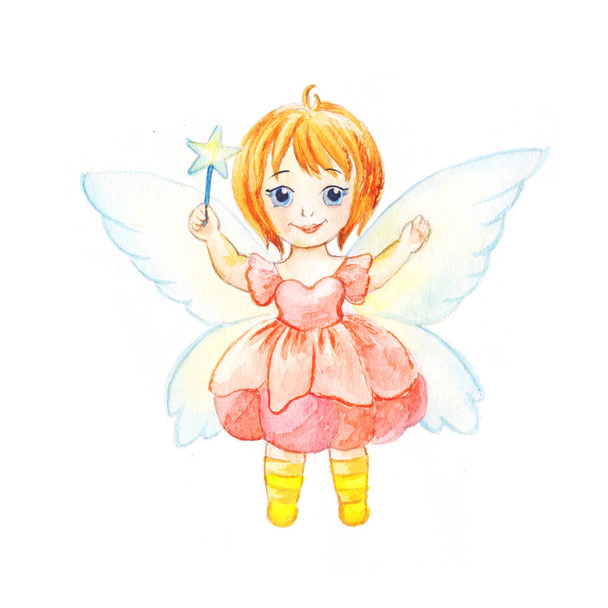 Girl in fairy costume. Character in a dress with wings and a mag - Fotoğraf, Görsel