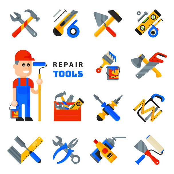 Home Reparatur Tools Symbole arbeiten Baumaschinen Set und Service Arbeiter macter Mann Charakter flachen Stil isoliert auf weißem Hintergrund Vektor Illustration. - Vektor, Bild