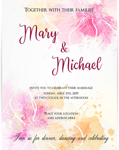 Wedding invitation template with abstract flowers. Vector illustration. - Vector, Image