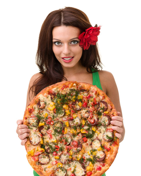 Smiling woman with big pizza isolated on a white - Foto, imagen