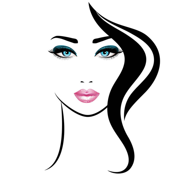 Womans face. Vector illustration. Realistic pink lips and blue eyes with chic eyelashes - Вектор,изображение