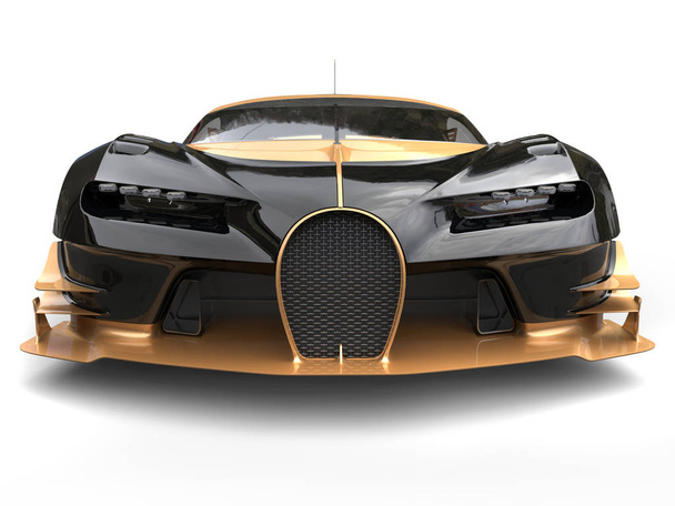 Black and gold modern supercar - front view extreme closeup - 3D Render - Photo, Image