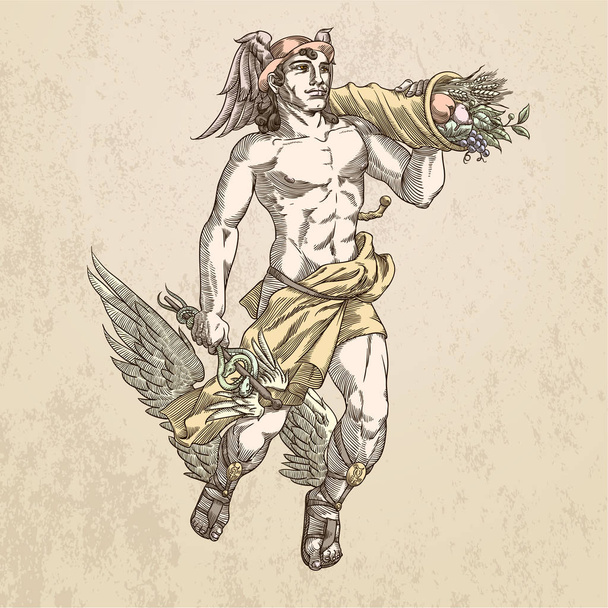 fliegender Gott Hermes mit Caduceus und Füllhorn, in Sepia. Vektorillustration. - Vektor, Bild