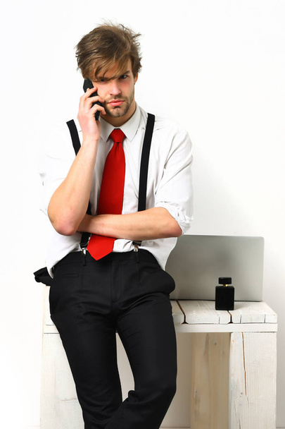 Caucasian stylish bearded manager speaking be cell phone - Photo, Image