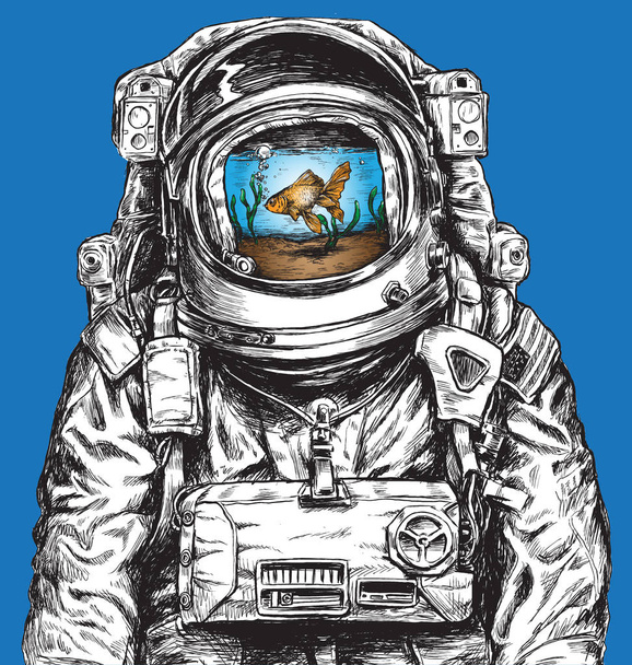 Astronauta desenhado à mão enchido com água e Goldfish
 - Vetor, Imagem
