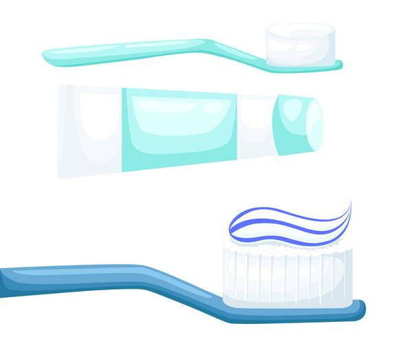 A escovar os dentes. Escova de dentes e pasta de dentes Design plano estilo ilustração vetorial
. - Vetor, Imagem