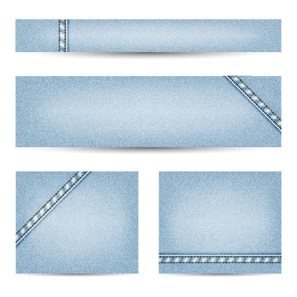 light blue denim texture vector bunner set with double stitching elements differently placed - Vector, Image