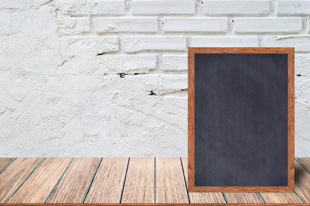 Chalkboard wood frame, blackboard sign menu on wooden table. - Zdjęcie, obraz