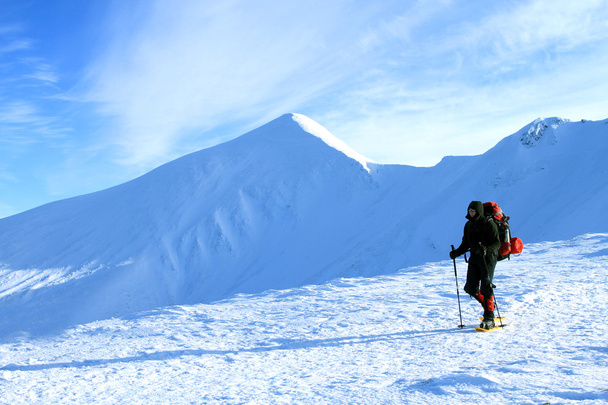Hiker in winter mountains snowshoeing - Φωτογραφία, εικόνα