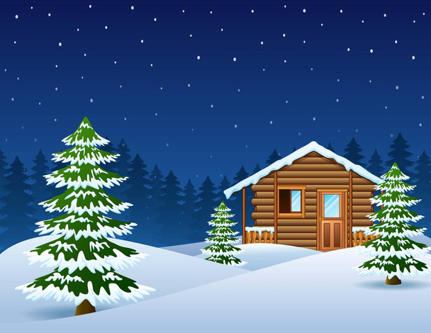 Christmas wooden house with fir trees - Vector, Image
