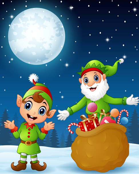 Il vecchio elfo di Natale con il bambino elfo del fumetto presenta un sacco pieno di regali
 - Vettoriali, immagini