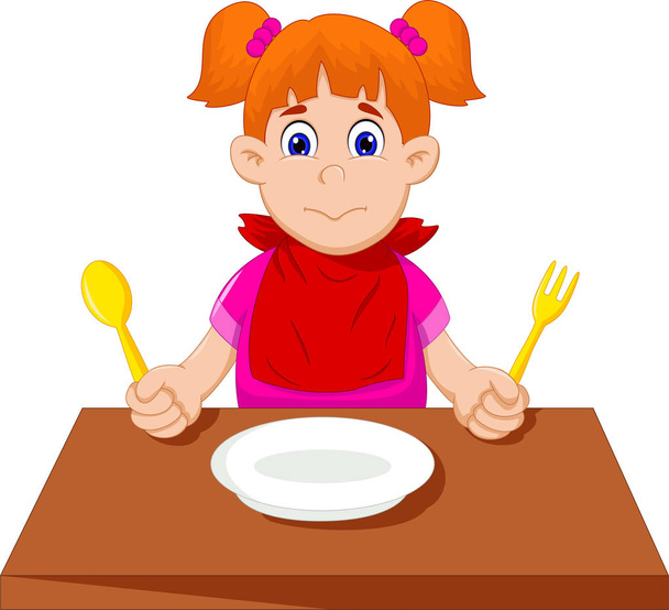mignon petite fille dessin animé en attente pour le petit déjeuner
 - Vecteur, image