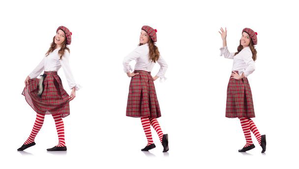 Menina bonita em xadrez roupas vermelhas isoladas no branco
 - Foto, Imagem