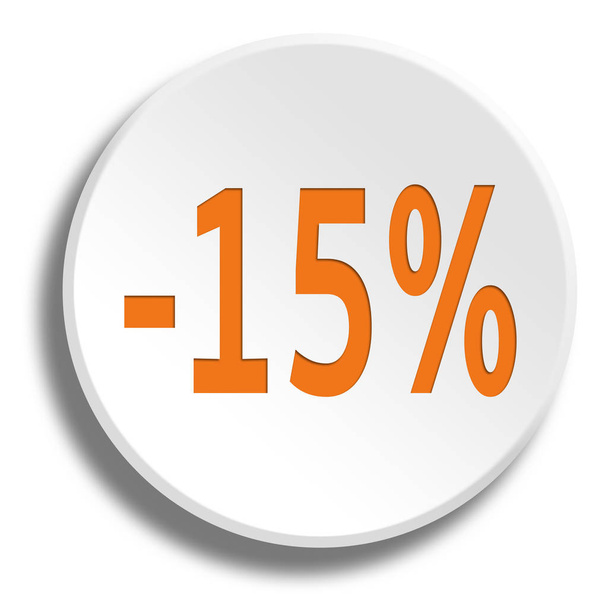 Orange 15 percent in round white button with shadow - Foto, afbeelding