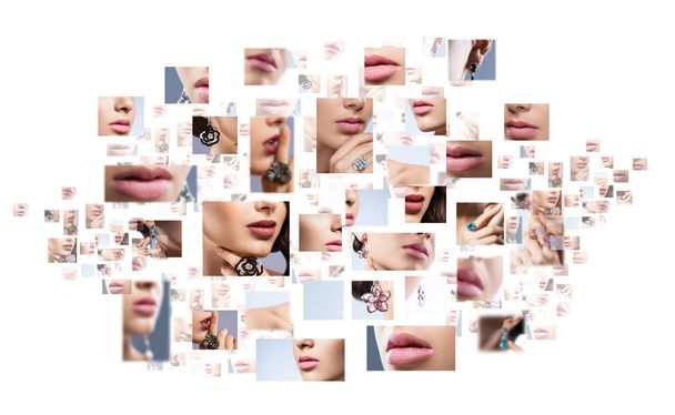 Collage van sexy vrouwelijke lippen met kleurrijke lippenstift - Foto, afbeelding