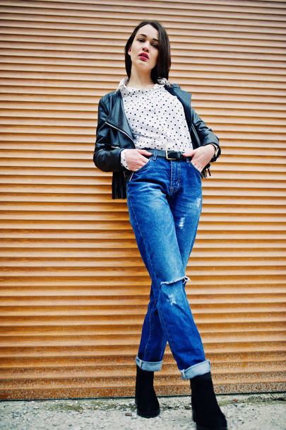 Full length portrait of stylish young girl wear on leather jacke - Valokuva, kuva