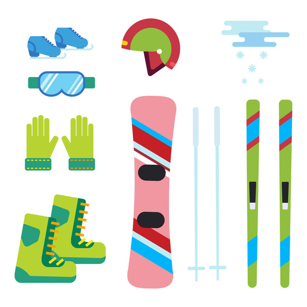 Зимові види спорту Векторні іконки встановлюють елементи лижного сноубордингу елементи інструменту шолом рукавички чоботи елемент ілюстрація ізольоване обладнання екстремальний спосіб життя
 - Вектор, зображення