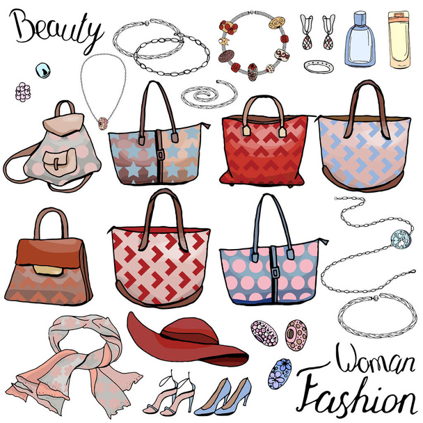 Pack with woman accessories, jewel, bags. Objects on white for fashion design. Different style and color color. Romantic, business,casual and glamour style. - Διάνυσμα, εικόνα