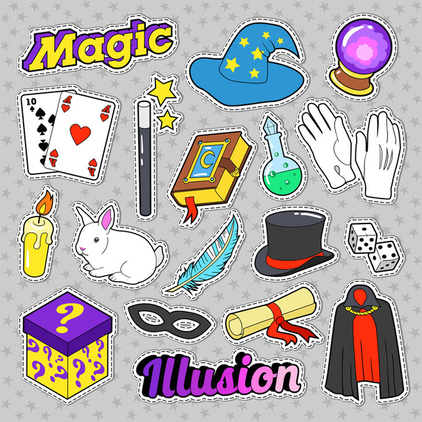 Set de elementos mago con varita mágica, máscara y cilindro para pegatinas, insignias. Garabato vectorial
 - Vector, imagen