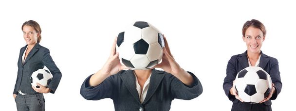 Businesswoman with football on white - 写真・画像