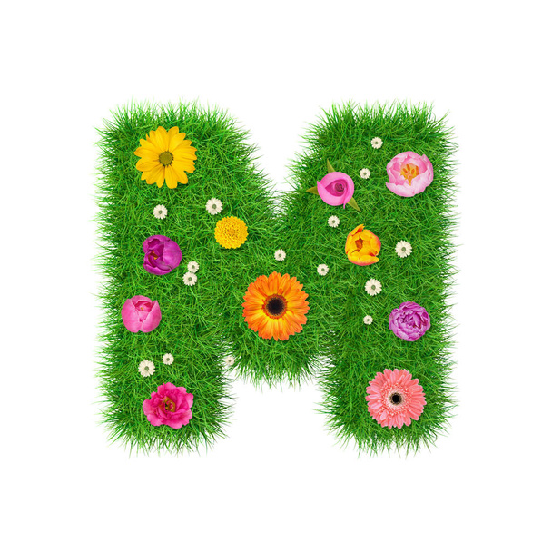 Письмо М из травы и красочных цветов, весенняя концепция для графического дизайна коллажа
 - Фото, изображение