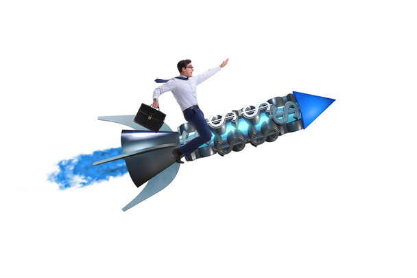Бизнесмен, летящий на ракете изолирован на белом
 - Фото, изображение