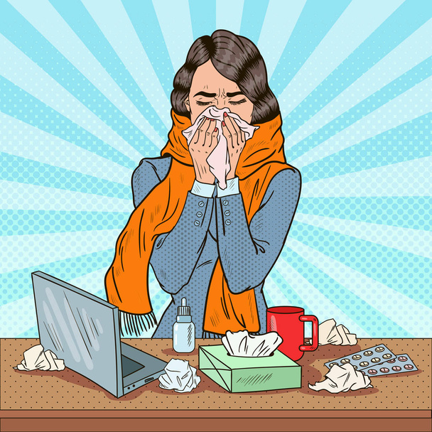 Pop Art Business Woman Sneezing at Work. Girl Feeling Sick. Vector illustration - Vector, Image