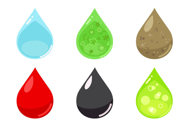 Various droplets: clean, infected and dirty water, drops of bloo - Vektor, obrázek