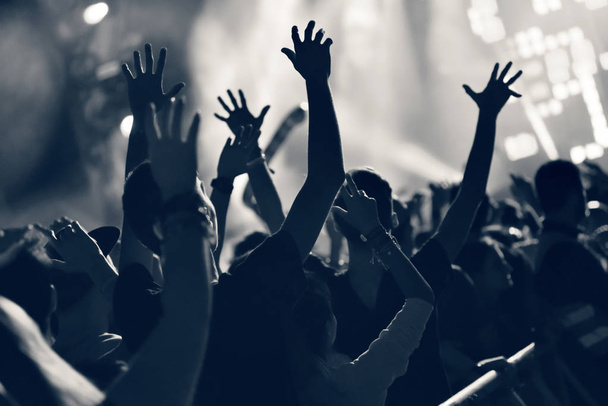Kalabalık seyirci kadar eller yükselterek bir müzik konserinde tonda - Fotoğraf, Görsel