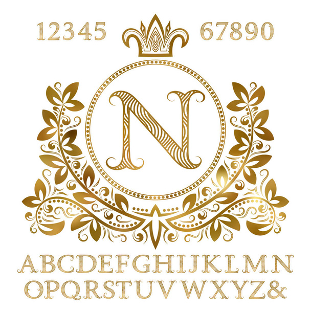 Lettere e numeri con motivo dorato con monogramma iniziale in forma di stemma. Shining font e kit di elementi per la progettazione del logo
. - Vettoriali, immagini