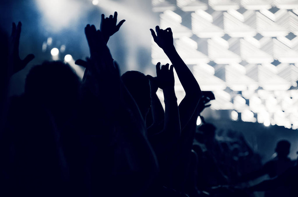 Crowd at a music concert, audience raising hands up, toned - Fotó, kép