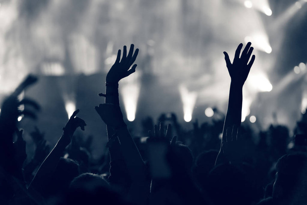 Tömeg egy zenei koncerten, közönséget kezekkel emel fel, tónusú - Fotó, kép