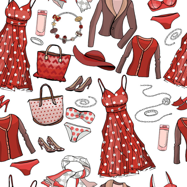 Seamless pattern with woman dresses, underwear, bra, accessories, jewel, bags. Endless texture for fashion design. Objects on white, red and brown color. Romantic and casual style. - Vetor, Imagem