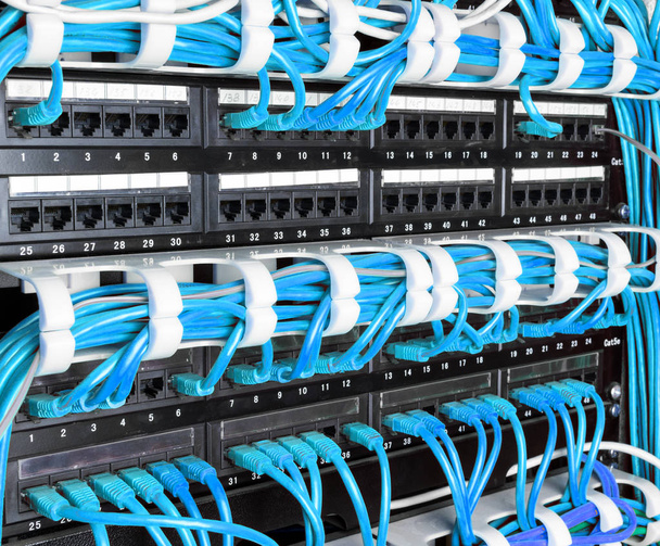 Cremalheira de servidor com cabos de cabo de patch de internet azul
 - Foto, Imagem