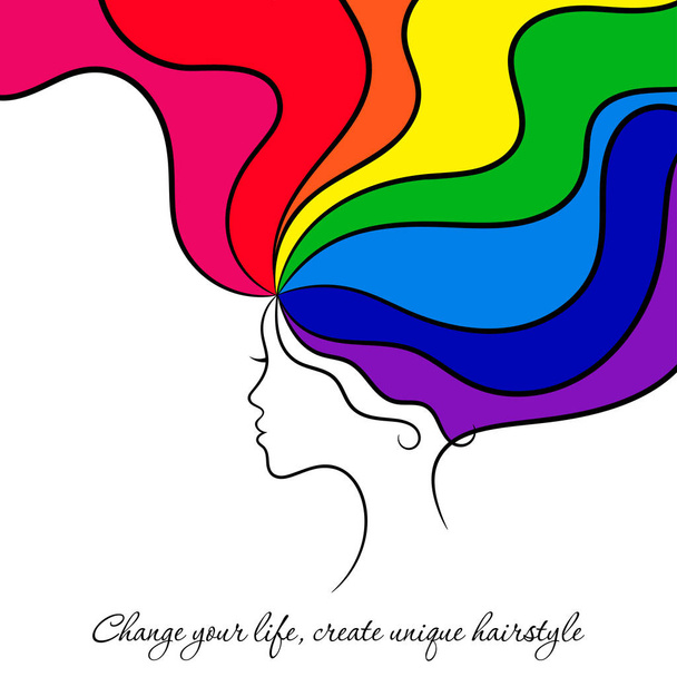 Cartão de beleza de contorno com mulher e seu penteado arco-íris
 - Vetor, Imagem