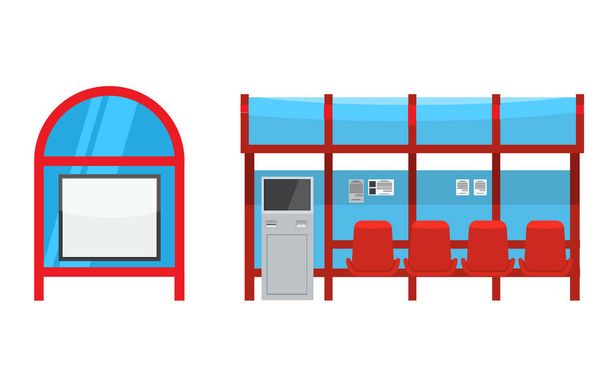 Buszmegálló, ülések és fizetési kioszk. Elöl-és oldalsó. - Vektor, kép