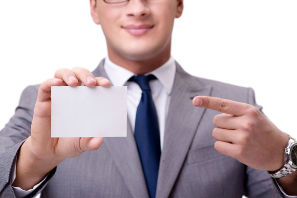 Biznesmen z pustą kartę na białym tle - Zdjęcie, obraz