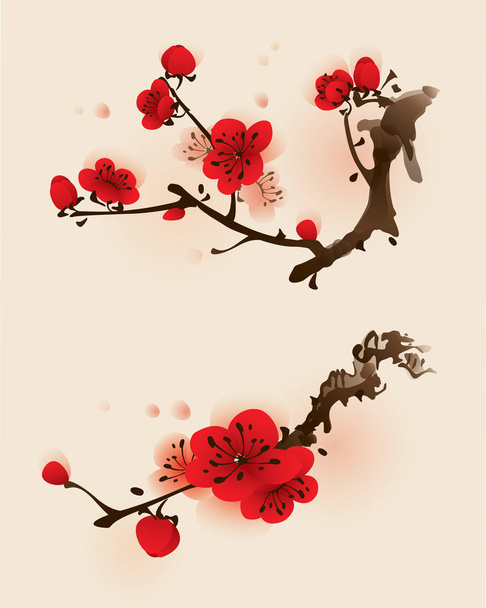 blossoming plum branch - Vettoriali, immagini