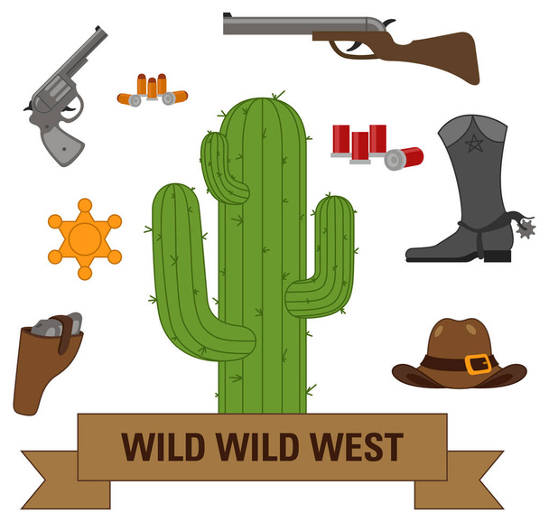 cacto verde e conjunto de ícones de cowboy
 - Vetor, Imagem