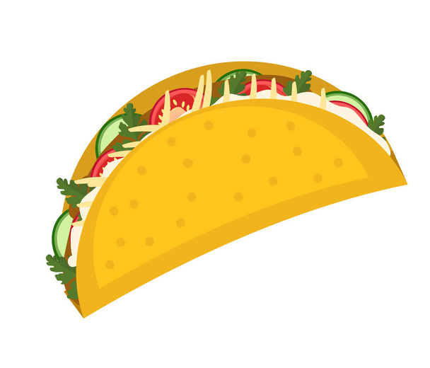 Tacos icône plat, style dessin animé isolé sur fond blanc. Illustration vectorielle, clip art. Nourriture traditionnelle mexicaine. - Vecteur, image