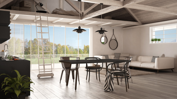 mezzanine loft minimaliste, cuisine, salon et chambre à coucher, r en bois - Photo, image