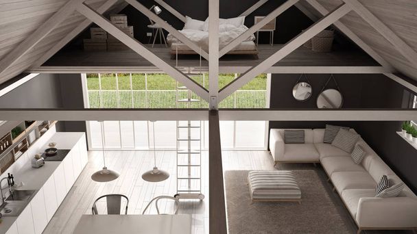 Minimalista mezzanine loft, konyha, nappali és hálószoba, fa r - Fotó, kép