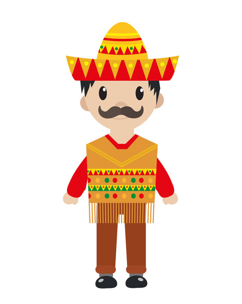 Mexikaner in einer traditionellen Suite Ikone flach, Cartoon-Stil. Der Mensch isoliert auf weißem Hintergrund. Vektorillustration, Clip Art. - Vektor, Bild