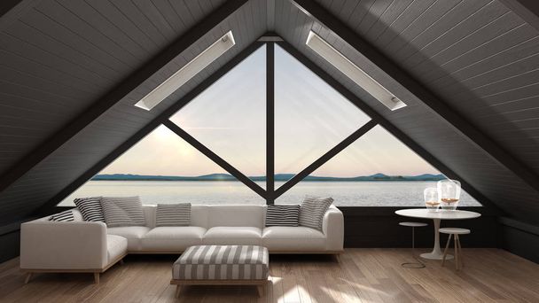 klassisches Mezzanin-Loft mit großem Fenster und Meerblick, Wohn-  - Foto, Bild